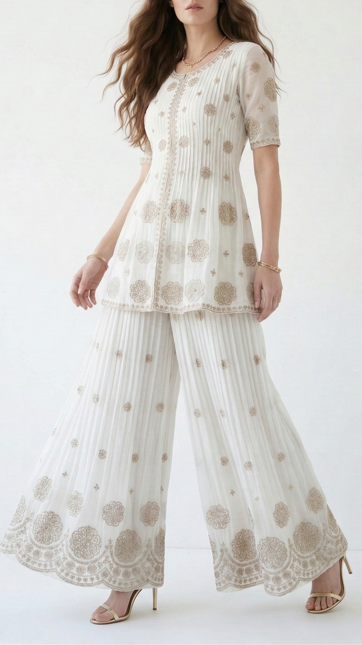 White Dyeable Georgette Fabric With All Over Sequins, Beads And Katdana Work 22143