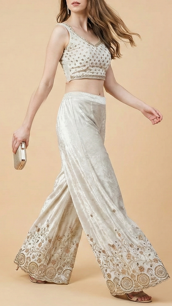 White Velvet Fabric With All Over Buti Of Katdana, Sequins And Bead With One Side Border 20634