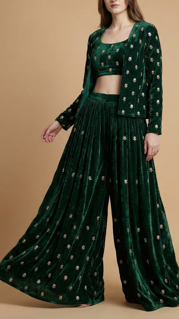 Bottle Green Velvet Fabric With All Over Buti Of Katdana, Sequins And Zari 20601