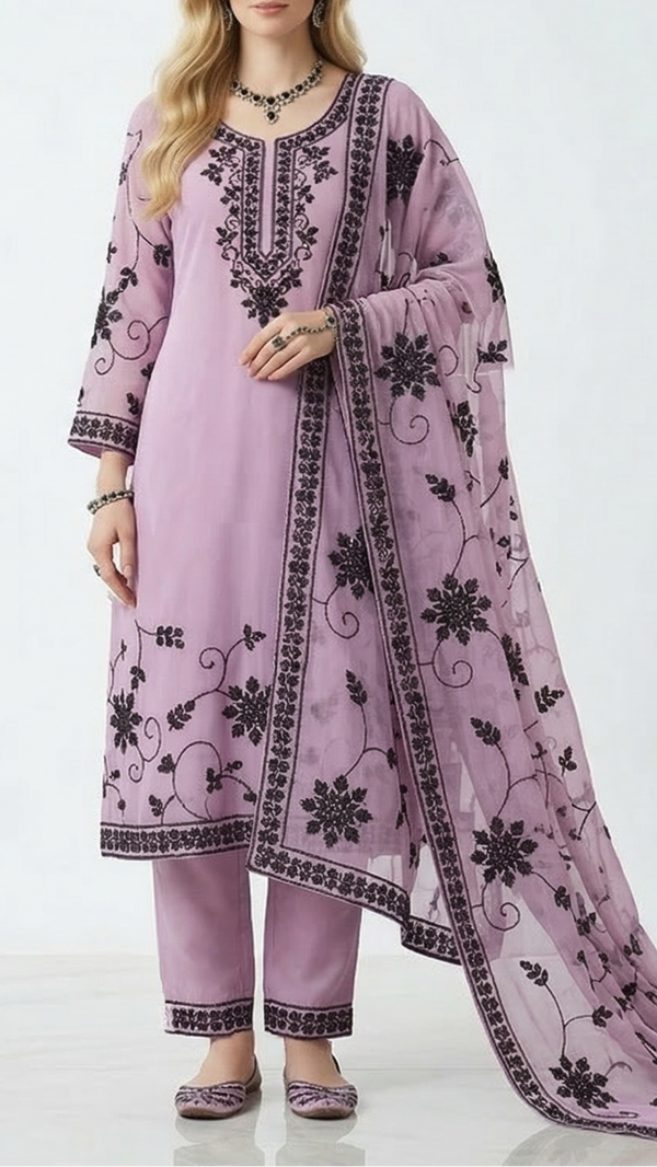 Lavender Organza Fabric with Allover Black Thread and Sequins Work 13626
