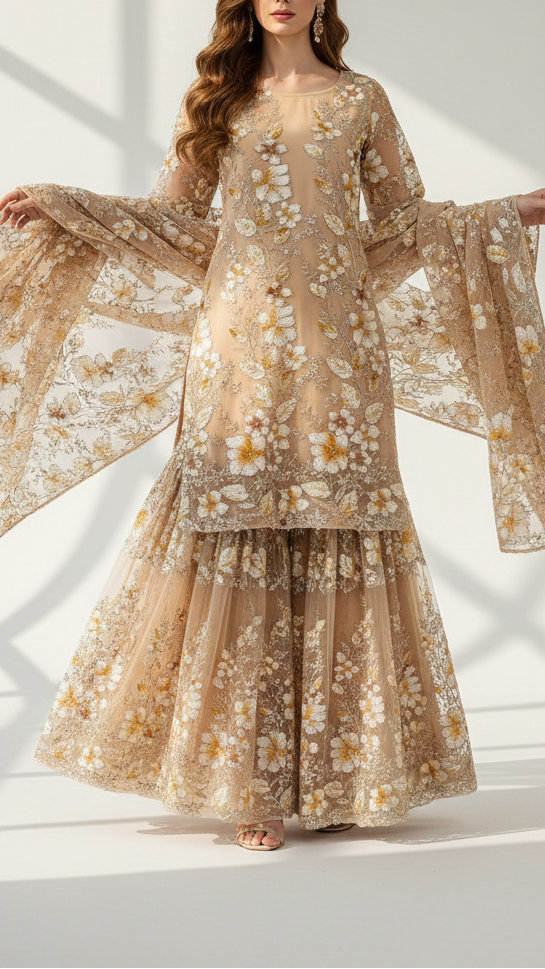 Cream Imported Net Fabric With All Over Sequins, Bead, Katdana And Ribbon Work 22105