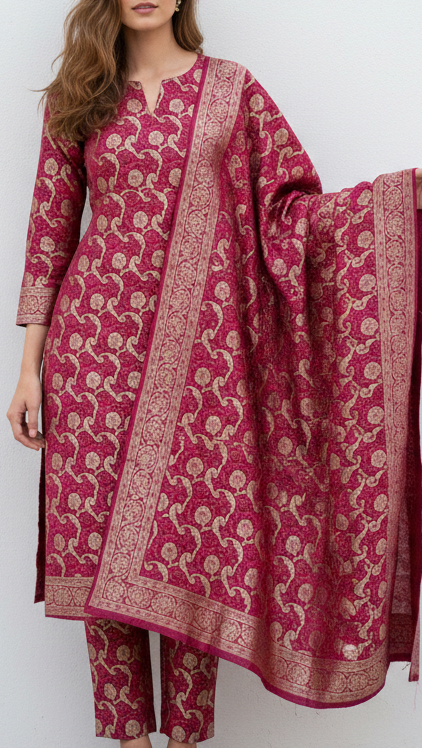 Wine Banarasi Brocade Fabric With All Over Thread And Zari Handloom 21273