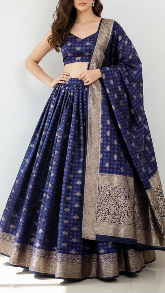 Navy Blue Banarasi Brocade Fabric With All Over Thread And Zari Handloom 21358