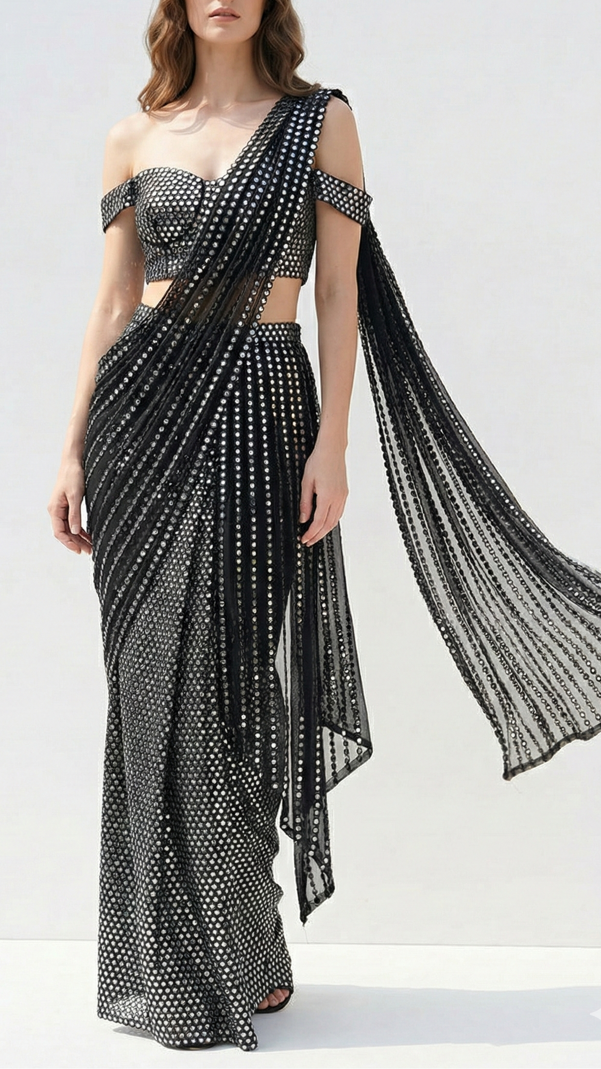 Black Imported Net Fabric With All Over Laser Cutwork And One Side Border 21024