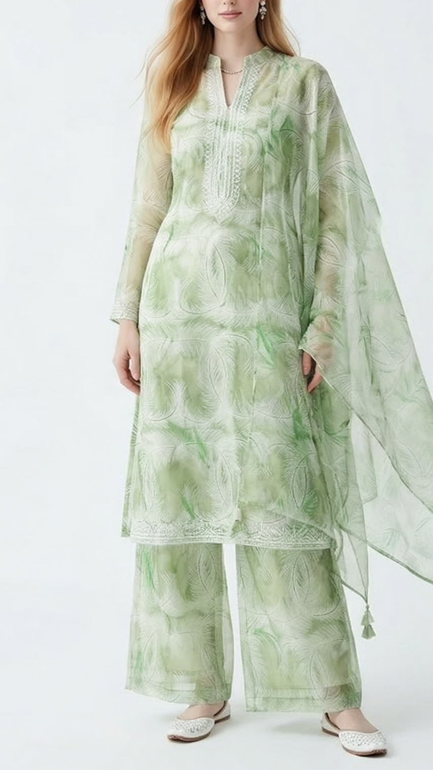 Light Green Organza Fabric with Allover Thread Work 13605