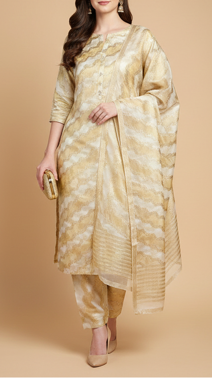 White Organza Tissue Fabric With All Over Golden Zari Handloom 20574