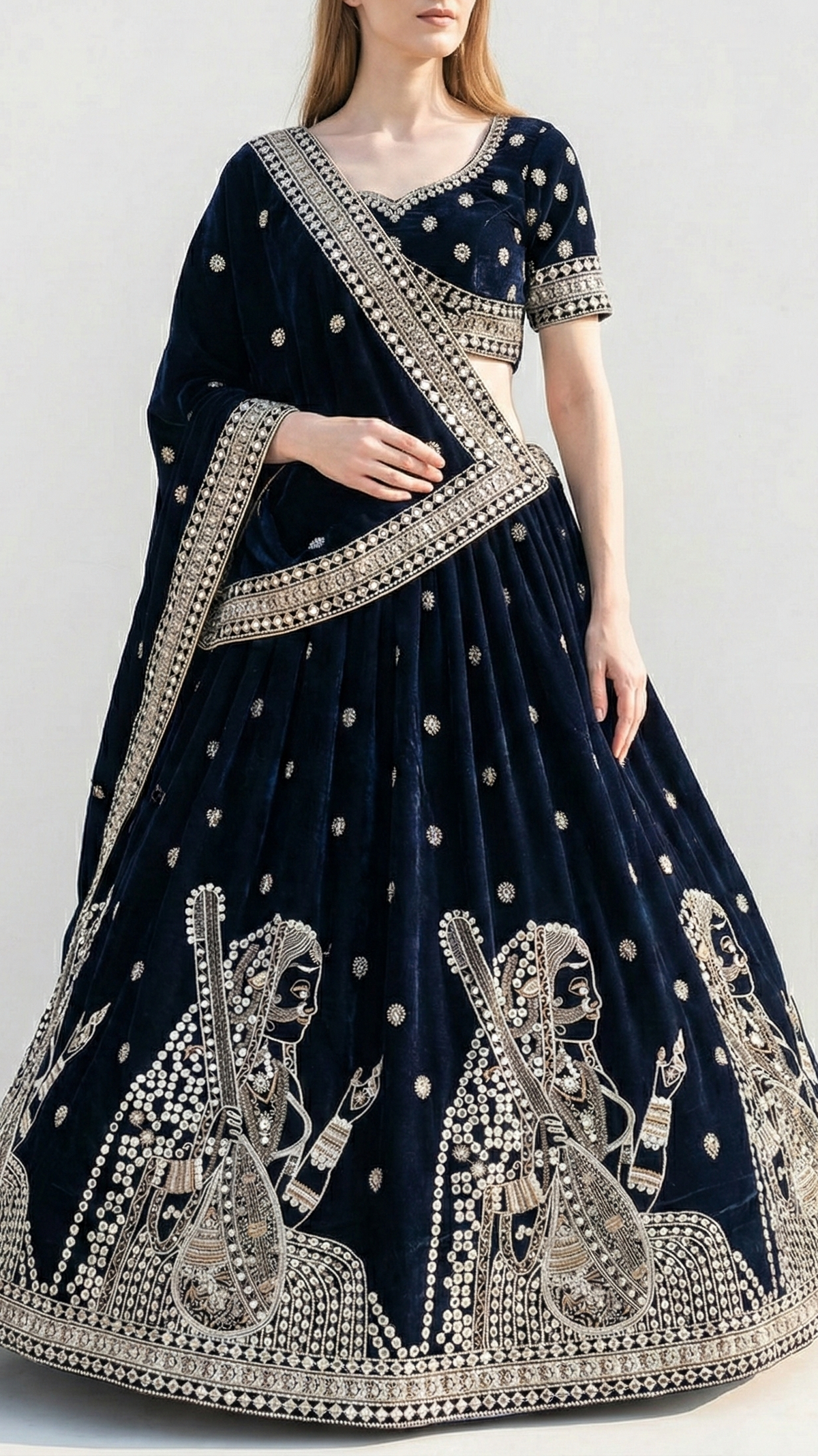 Navy Blue Velvet Fabric With All Over Faux Mirror, Zari And Sequins Work With One Side Heavy Border 20630