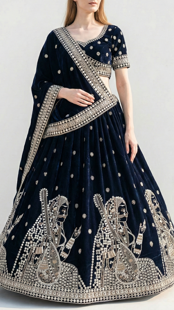 Navy Blue Velvet Fabric With All Over Faux Mirror, Zari And Sequins Work With One Side Heavy Border 20630