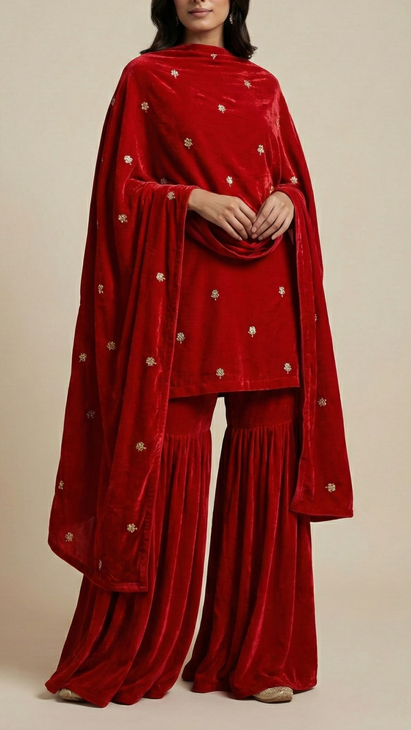 Red Velvet Fabric With All Over Buti Of Katdana, Sequins And Zari 20599
