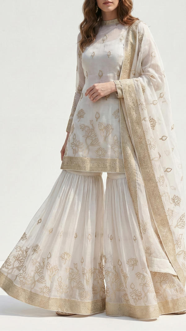 White Crepe Fabric with Allover Buti of Golden Zari Handloom With One Side Heavy Border 20991