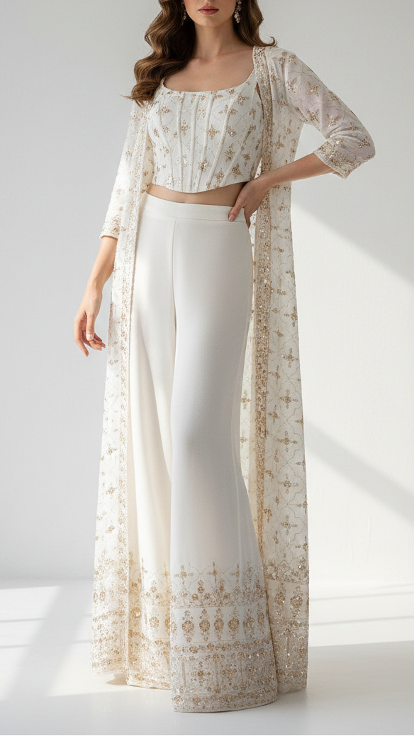 White Dyeable Georgette Fabric With All Over Buti Of Zari, Sequins, Katdana And Bead Work With One Side Border 21757