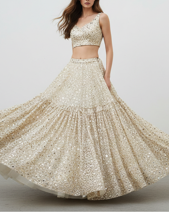 White Dyeable Georgette Fabric With All Over Sequins, Faux Mirror And Zari Work 21629