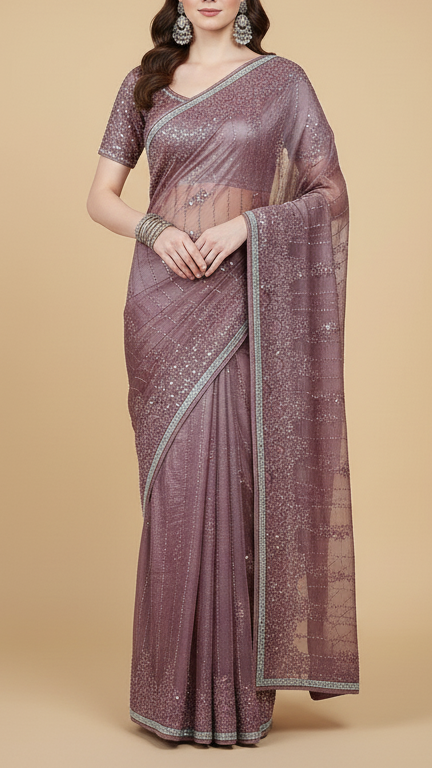 Blush Pink Imported Organza Satin Fabric With All Over Sequins, Katdana And Bead Work With One Side Heavy Border 16432