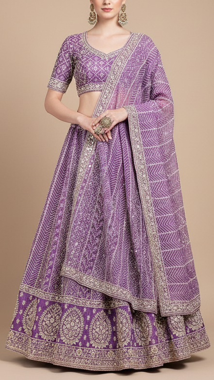 Lavender Georgette Fabric With All Over Thread, Sequins And Bead Work With One Side Border 19171