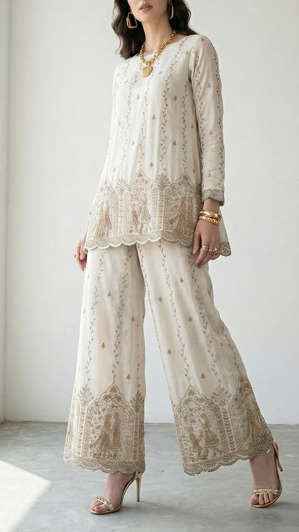 White Dyeable Dola Silk Fabric With All Over Zari, Sequins, Bead And Katdana Work With One Side Scalloped Border 21963