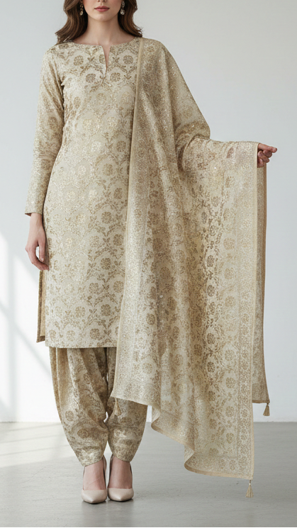 White Dyeable Chanderi Silk Fabric With All Over Dull Gold Zari Handloom 21786
