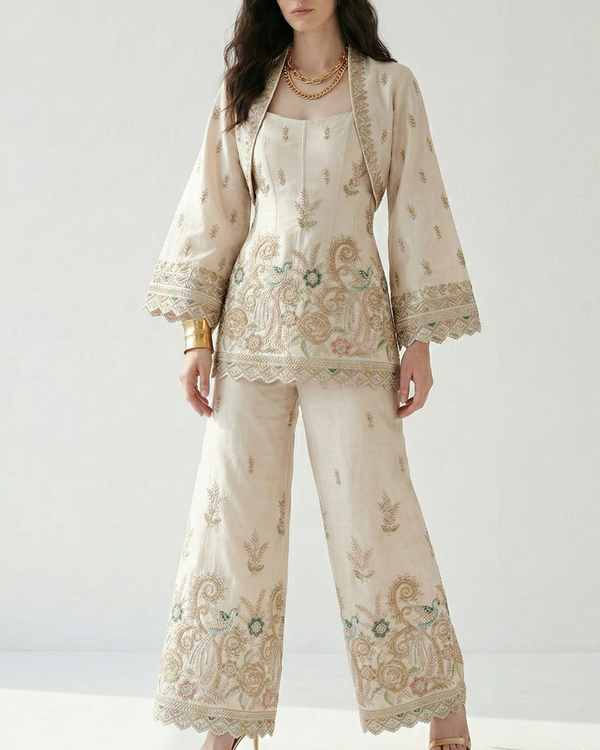 White Dyeable Dola Silk Fabric With All Over Zari, Sequins, Bead, Katdana And Multi Color Thread Work With One Side Scalloped Border 21964