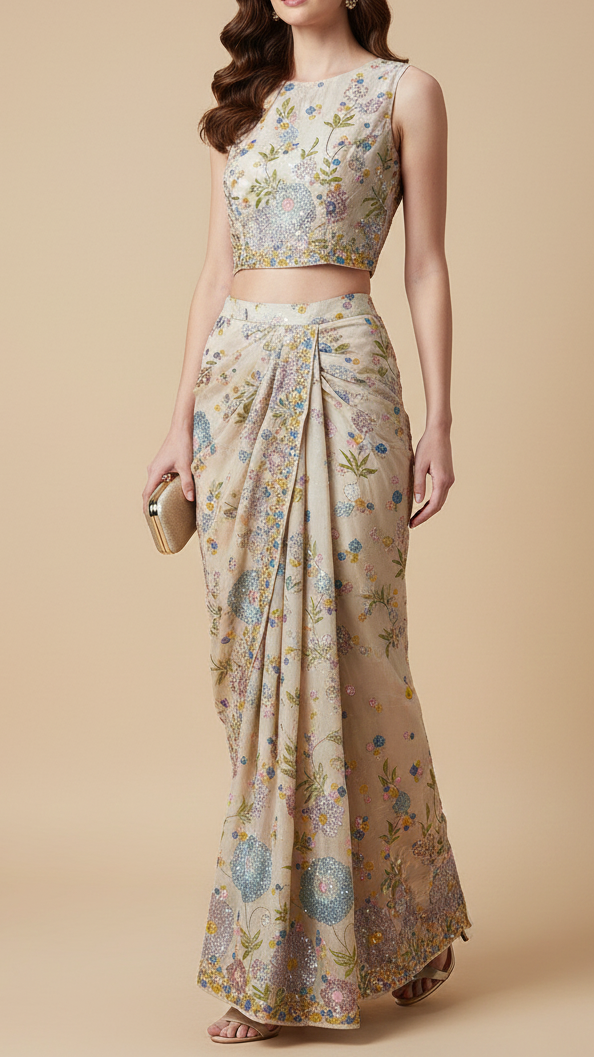 Peach Crepe Fabric With All Over Thread, Zari And Sequins With One Side Border 20374