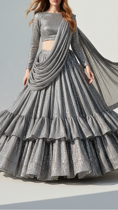 Krystle D'Souza Inspired Edition | Silver Embroidered Net Unstitched Fabric 22058