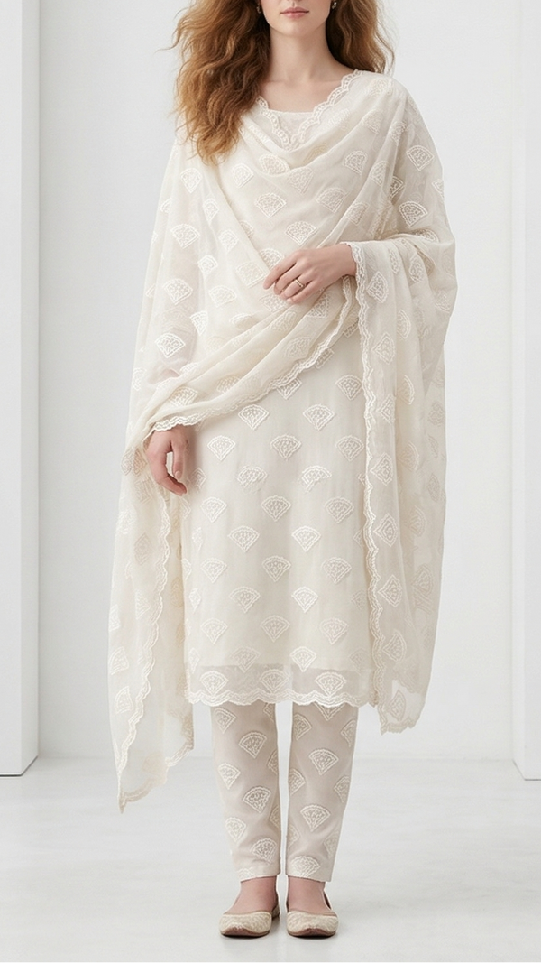 White Dyeable Cotton Fabric With All Over Sequins And Thread Work 22500