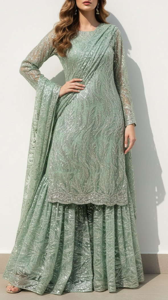 Sea Green Imported Net Fabric With All Over Sequins And Beads Work 22085
