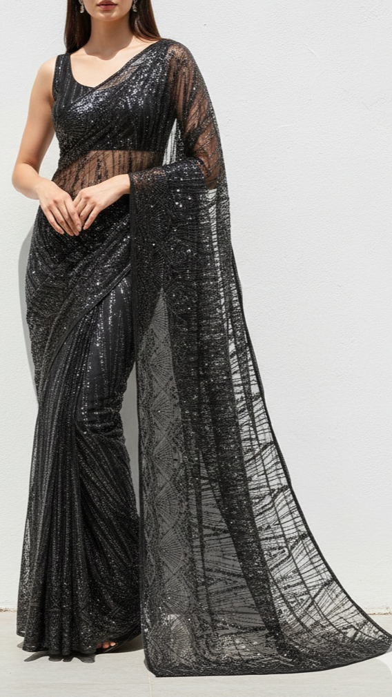 Black Imported Net Fabric With All Over Sequins And Beads Work With One Side Border 22092