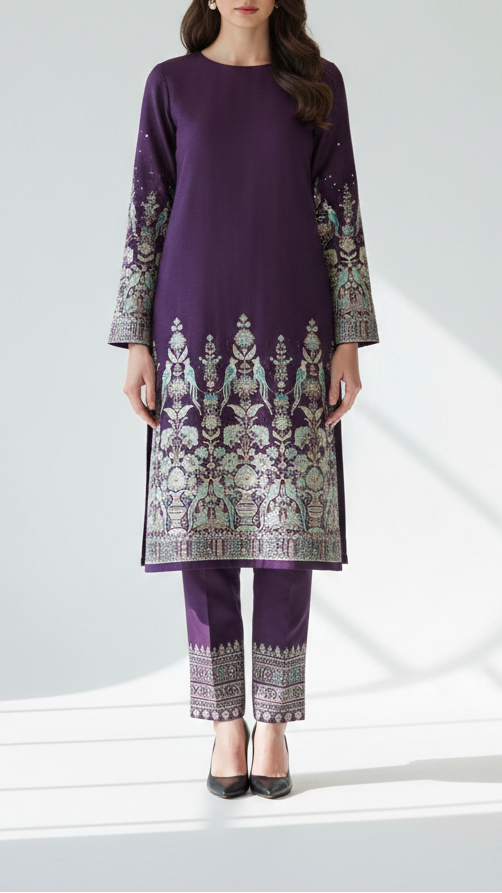 Purple Georgette Fabric With Allover Sequins And Thread Work With One Side Heavy Border 16187