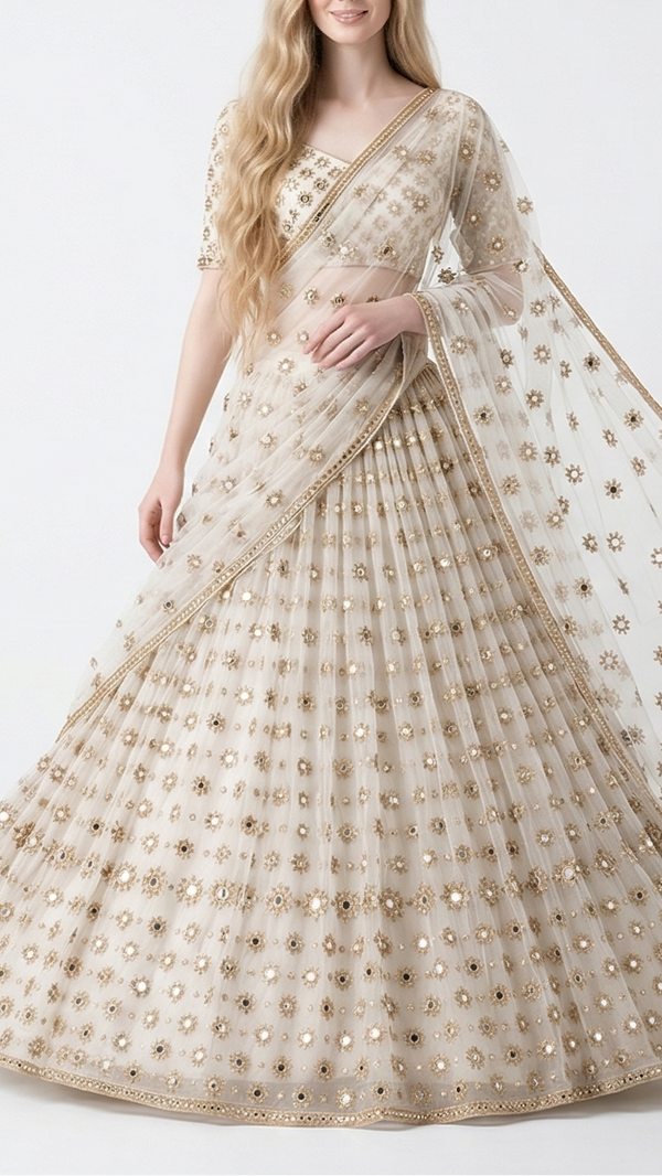 The Noor - White Dyeable Georgette Fabric With All Over Buti Of Golden Zari And Faux Mirror Work | 22409