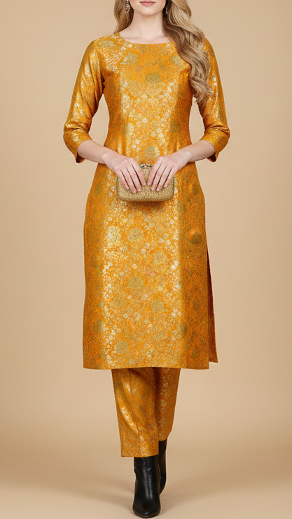 Mustard Banarasi Brocade Fabric With All Over Thread And Zari Handloom 20186