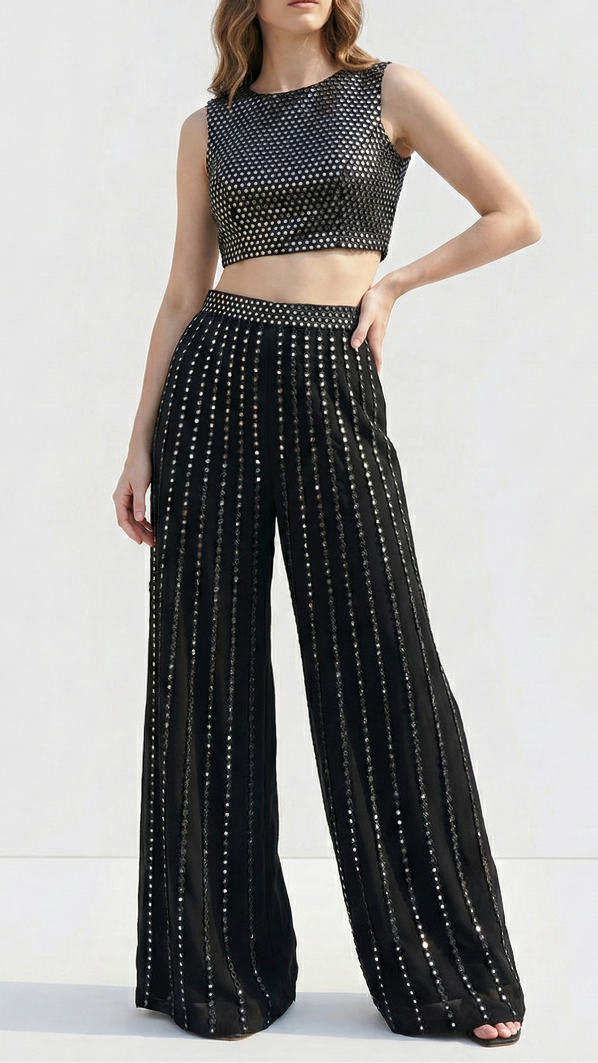Black Imported Net Fabric With All Over Laser Cutwork And One Side Border 21024