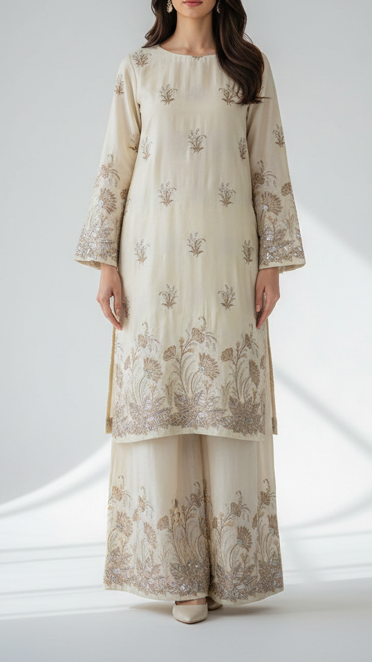White Dyeable Silk Fabric With All Over Buti Of Zari, Sequins, Katdana And Bead Work With One Side Border 21939