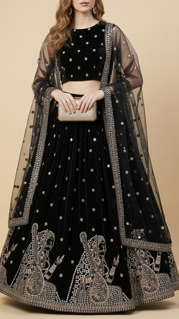 Black Velvet Fabric With All Over Faux Mirror, Zari And Sequins Work With One Side Heavy Border 20631