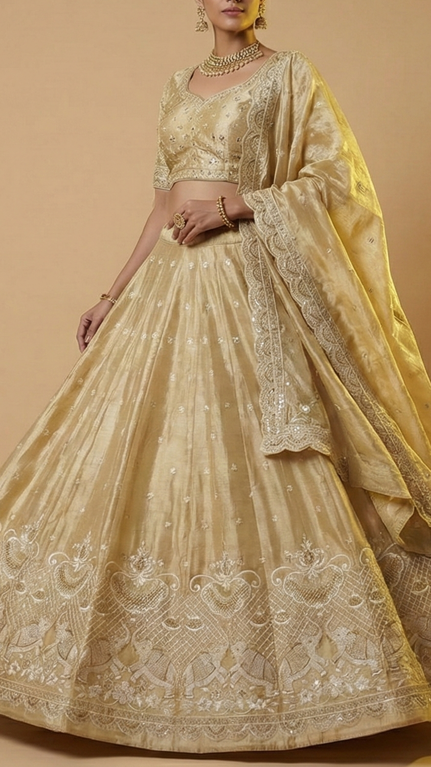 The Noor - Golden Tissue Fabric With Sequins, Zari And Threadwork Elegance | 10191
