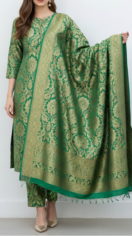Bottle Green Banarasi Brocade Fabric With All Over Golden Zari Handloom 21751
