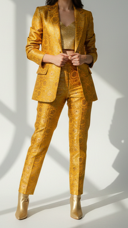 Mustard Banarasi Brocade Fabric With All Over Thread And Zari Handloom 20941