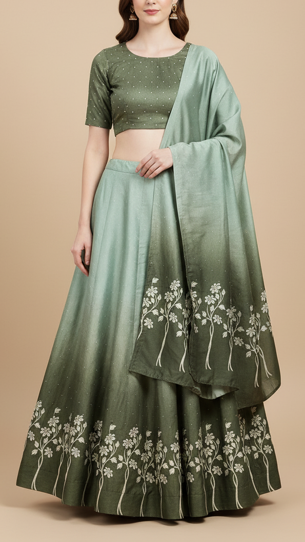 Olive Green Silk Fabric With All Over Ombre Shade And Floral Print With Bead And Sequins Work 19967