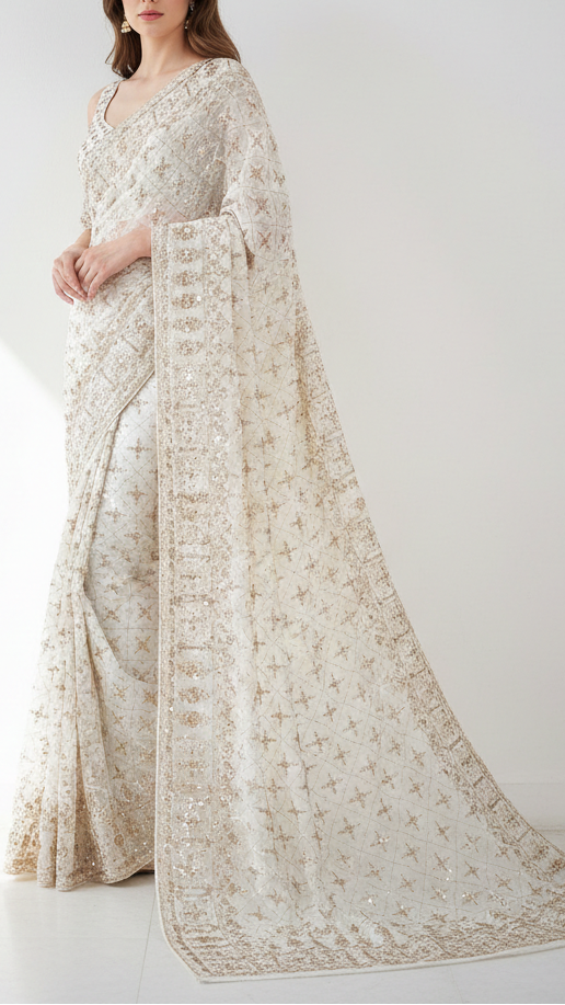 White Dyeable Georgette Fabric With All Over Buti Of Zari, Sequins, Katdana And Bead Work With One Side Border 21757