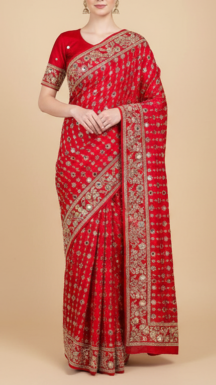 Red Crepe Fabric With All Over Sequins, Katdana, Zari, Mirror And Bead Work With One Side Border 19990
