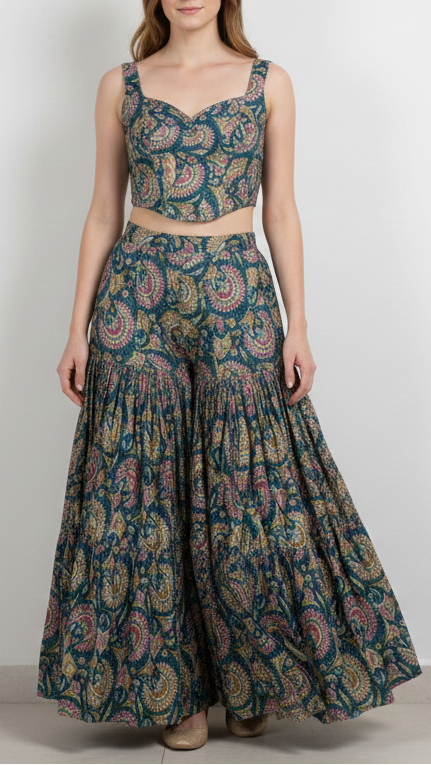 Teal Blue Silk Fabric With Traditional Print With Golden Zari Work 20313