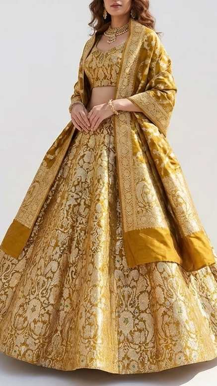 Mustard Pure Banarasi Brocade Fabric With All Over Thread And Zari Handloom 20783