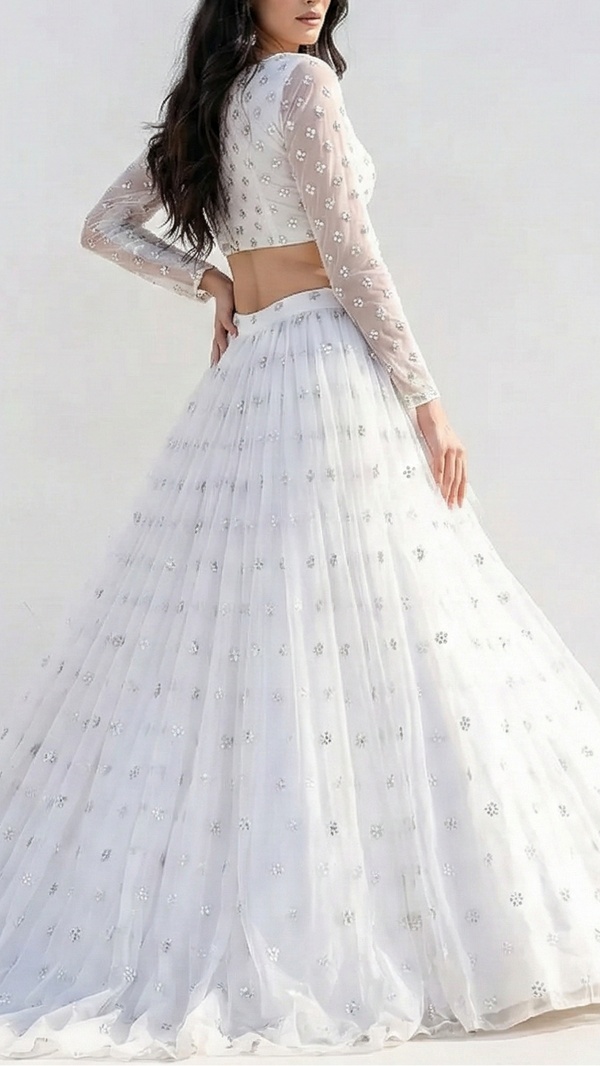 White Dyeable Organza Fabric With Allover Buti Of Silver Katdana, Bead And Sequins Work 21105