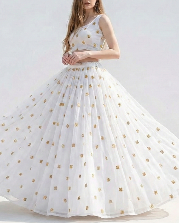 The Noor - White Dyeable Organza Fabric With Allover Buti Of Golden Katdana, Bead And Sequins Work | 21103
