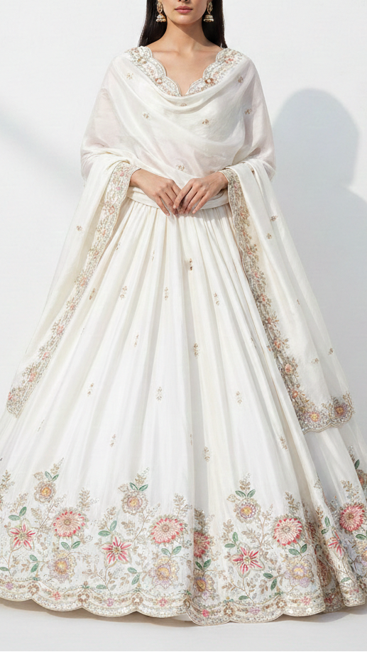 White Dyeable Crepe Fabric With All Over Buti Of Katdana, Bead And Sequins Work With One Side Scalloped Border 21719