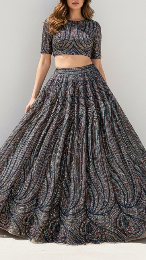 Black Imported Net Fabric With All Over Sequins And Bead Work 22018