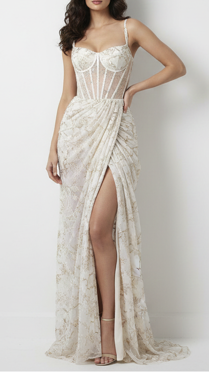 White Dyeable Georgette Fabric with Allover Zari, Thread and Sequins Work 21085