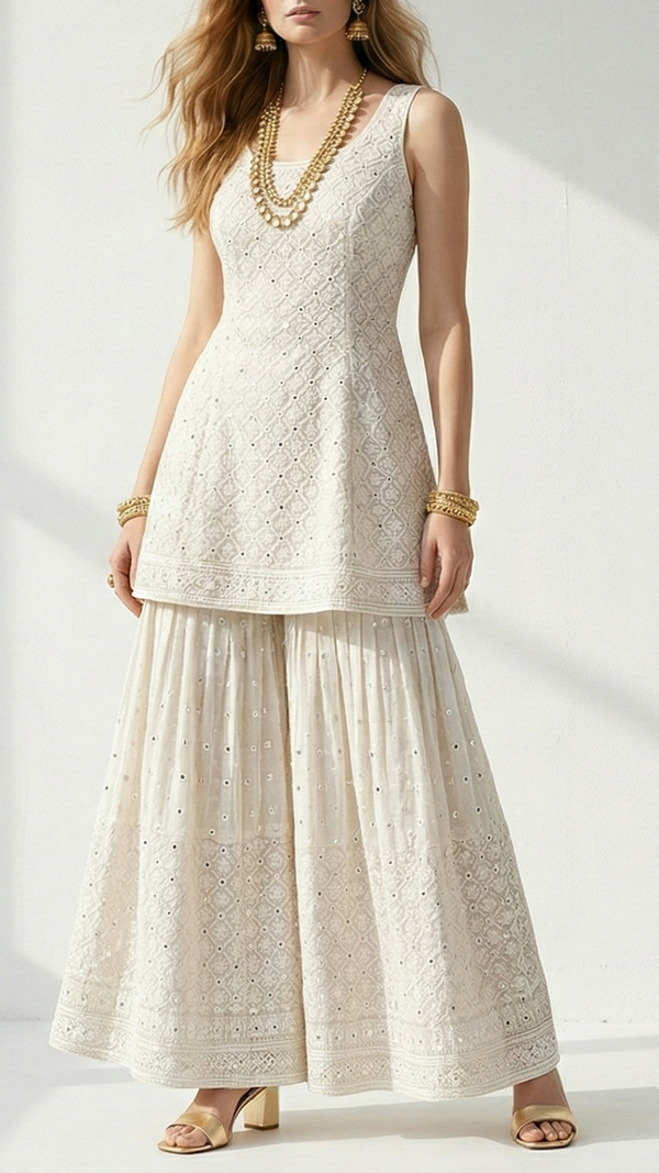 White Dyeable Georgette Fabric With All Over Zari, Thread And Fuax Mirror Work 21962