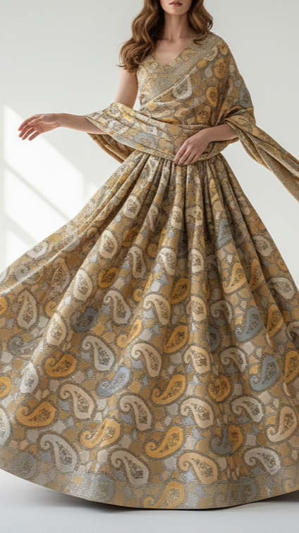 Yellow Banarasi Brocade Fabric With All Over Golden Zari Handloom 16336