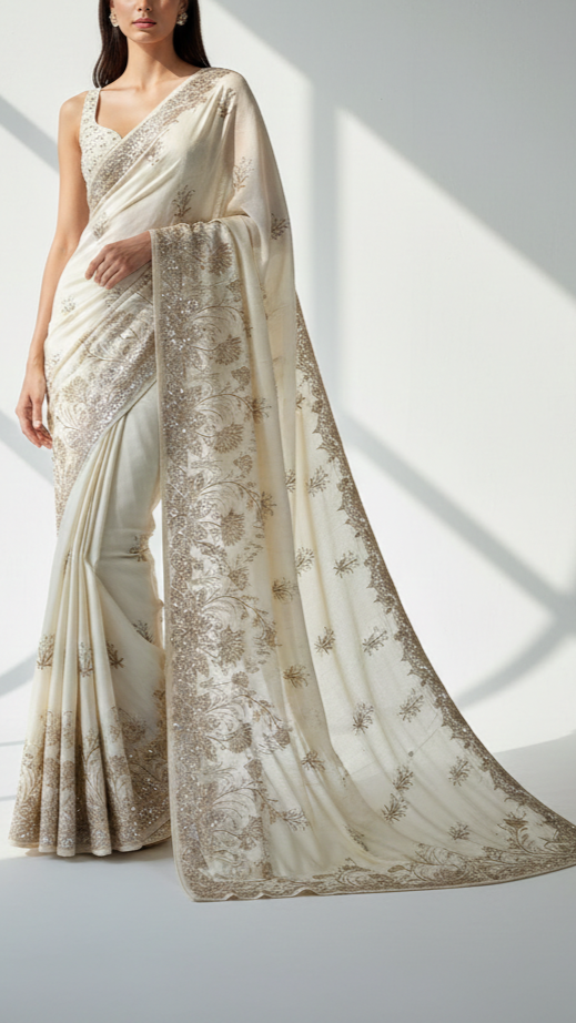 White Dyeable Silk Fabric With All Over Buti Of Zari, Sequins, Katdana And Bead Work With One Side Border 21939