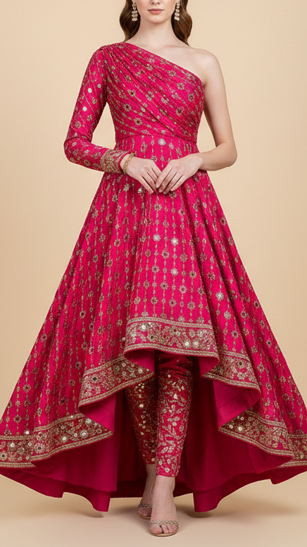 Rani Pink Crepe Fabric With All Over Sequins, Katdana, Zari, Mirror And Bead Work With One Side Border 19993
