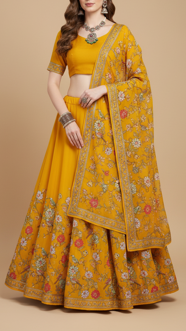 Mustard Georgette Fabric with All Over Traditional Print and Katdana, Bead and Sequins Work 19679